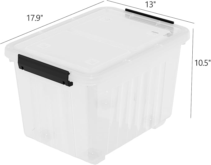 30 L Stackable Storage Bins with Lids Clear Plastic Storage Containers Stackable Organization Boxes with Secure Latching Lids/Wheels Set of 4