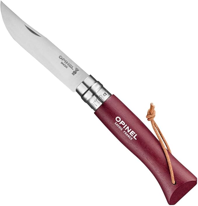 Opinel Colorama Series No. 8 - Stainless Steel Everyday Carry Folding Pocket Knife with Leather Strap Painted Hornbeam Handles
