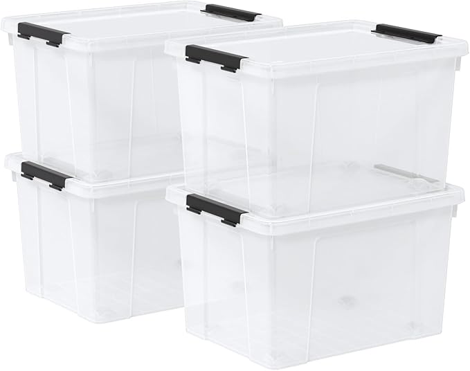 22 Qt Stackable Plastic Storage Bins with Lids 4 Pack BPA-Free See-Through Organizing Solution Latches Box Durable Nestable Containers Clear