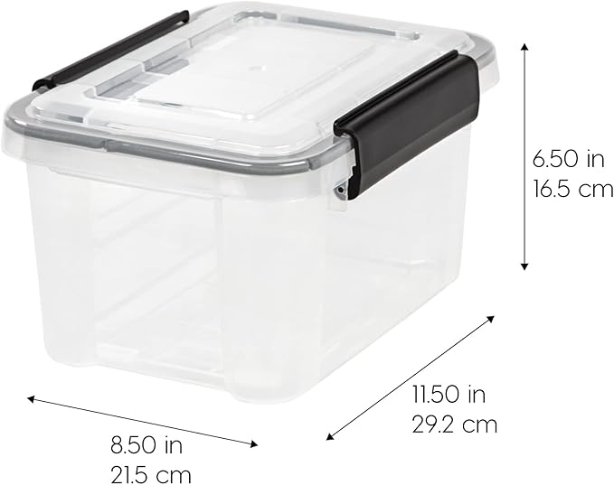 IRIS USA WeatherPro 6 Qt Storage Bins with Lids 6 Pack BPA-Free Plastic Gasket Box with Tight Latch and Seal Stackable Nestable Tote Tub - Clear/Black