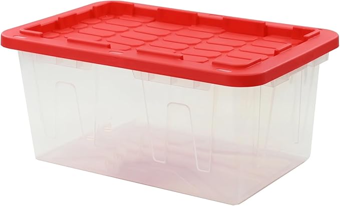 Heavy Duty 15 Gallon Storage Bin with Secure Snap Lid Clear Base and Red Lid for Home Organization Closet Garage