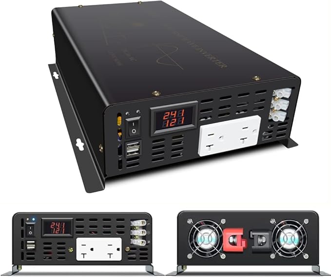 3000Watt Pure Sine Wave Power Inverter 24VDC to 120VAC 6000W Peak Built-in Soft Starter Dual AC Outlets 2× 2.4A USB Port &ampHardwire Terminal Off-Grid Solar Converter RV Trucks (U5-300024)