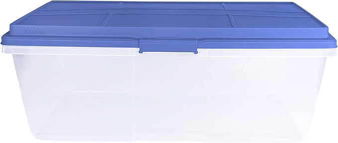 2 Pack 113 Quart Clear Plastic Storage Bins Stackable with Locking Latches &amp Smoke Blue Lid Dust-Resistant Organizer for Garage Home Office Attic Store Seasonal Decor Tools Crafts Blanket