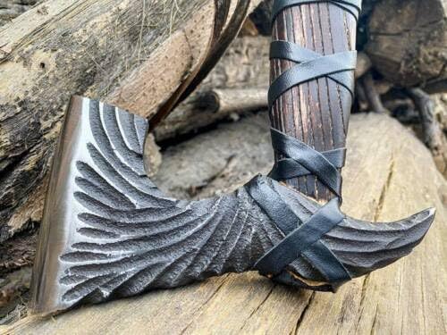 [Viking Tools]-Handmade Pair of High Carbon Steel Black Viking AxesViking Bearded Axe - HuntingBattle Camping &amp Survival High Carbon Steel Axe with Leather Sheath Rose Wood Handle