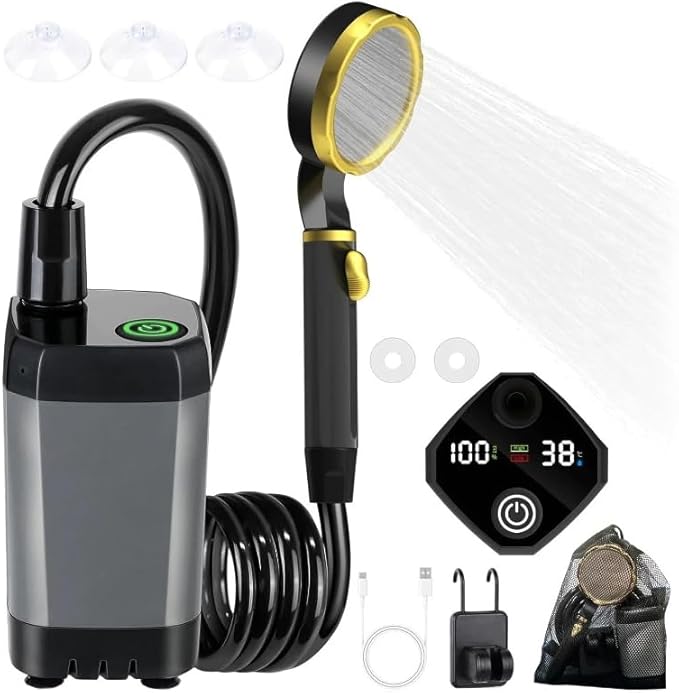Portable Rechargeable Outdoor Camping Shower Pump High Pressure Camping Shower System with Hose Ideal for RV Beach Garden &amp Pet Washing (Grey 6000mA)