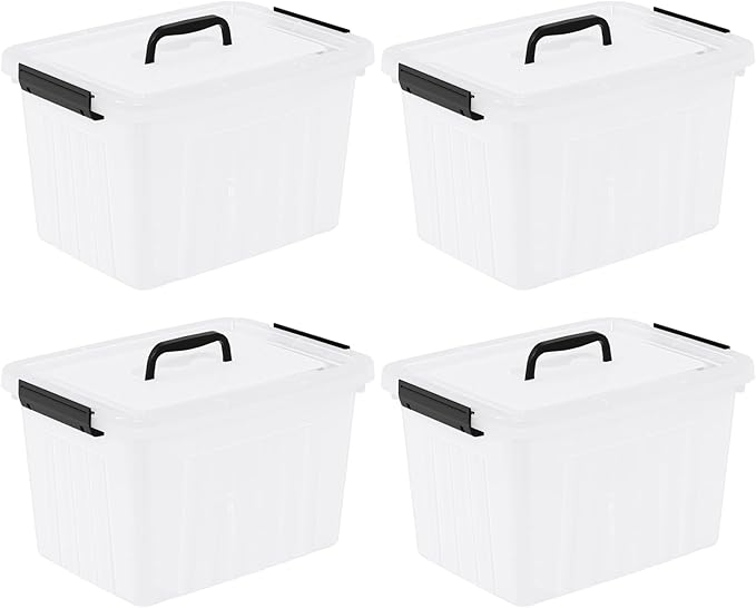 4 Pack Plastic Storage Boxes Lidded Storage Bins with Handle 20L Clear