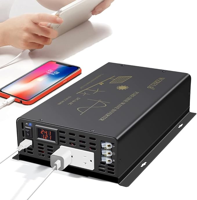 3000Watt Pure Sine Wave Power Inverter 24VDC to 120VAC 6000W Peak Built-in Soft Starter Dual AC Outlets 2× 2.4A USB Port &ampHardwire Terminal Off-Grid Solar Converter RV Trucks (U5-300024)