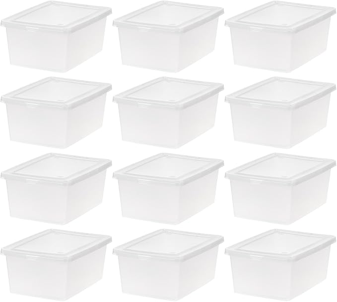 IRIS USA 12-Pack Storage Bins with Lids 15 Quart Shoe Boxes Clear Stackable Containers Organize Shoes Closet Shelves Organization Teacher Tools Game Storage - BPA-Free Plastic
