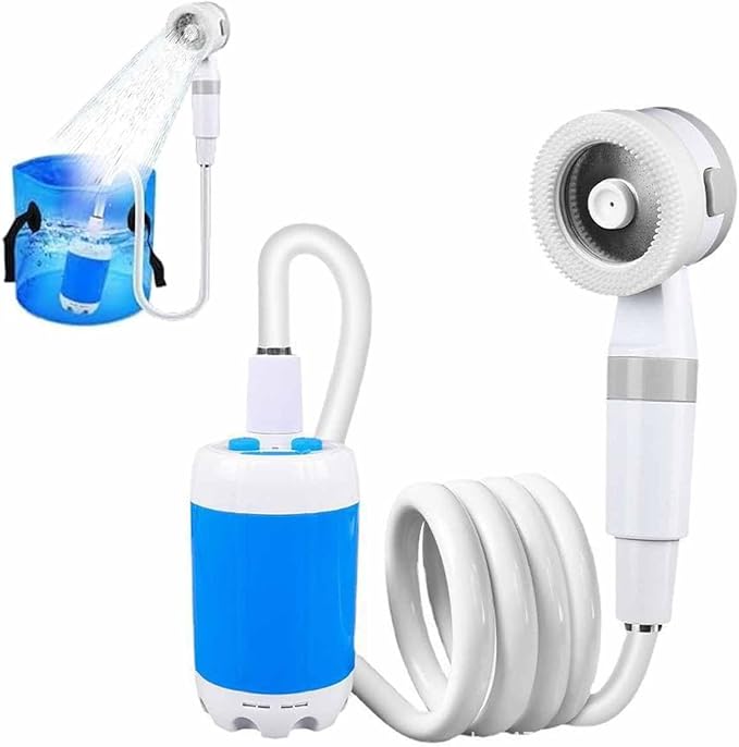 Portable Camping Shower Pump – USB Rechargeable Outdoor Shower with 2 Spray Modes Waterproof Electric Shower Head Pumps Water from Bucket for Camping Hiking Travel Car Washing &amp Pet Cleaning