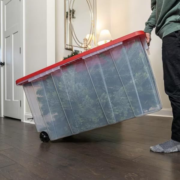 77 Gallon Tough Storage Tote with Wheels in Clear with Red Lid KC23384