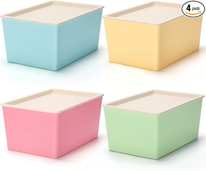 Menkxi 4 Pcs Storage Bins with Lids Plastic Stackable Containers for Organizing Shelves Christmas Ornament Box Baskets(Red Green Yellow BlueSmall)
