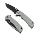 GRITR Stealth Folding Pocket Knife w/ 3.5 D2 Steel Blade for Military Hunting Camping Hiking – Gray Handle Partially-Serrated Blade with Black Titanium Finish