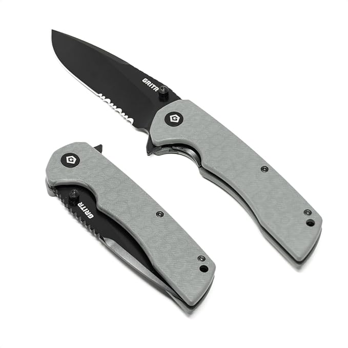 GRITR Stealth Folding Pocket Knife w/ 3.5 D2 Steel Blade for Military Hunting Camping Hiking – Gray Handle Partially-Serrated Blade with Black Titanium Finish