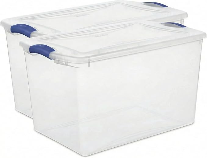 66 Qt Storage Bins with Lids 2 Pack Large Clear Plastic Storage Containers with Secure Blue Latches Stackable Clear Totes for Sports Equipment