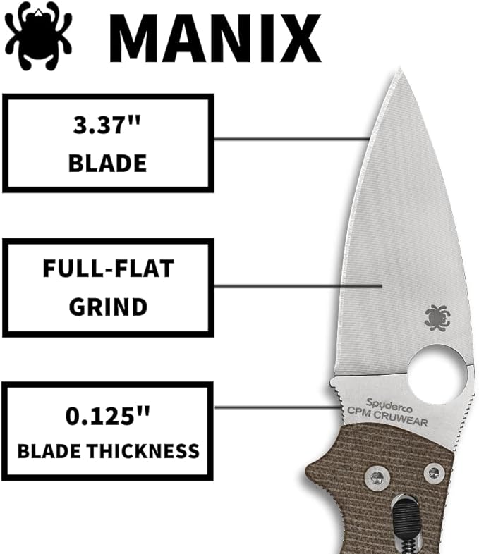 Spyderco Manix 2 Folding Pocket Knife with 3.3 CPM Cru-Wear Steel Blade and Micarta Handle - EDC Knife for Men and Women Perfect for Hunting Tactical Camping Survival - PlainEdge - C101MPCW2