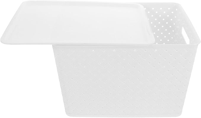 Plastic Storage Bins White Organizer Basket with Lid and Handles Woven Design Storage for Pantry Shelves Closet Playroom Classroom and Office
