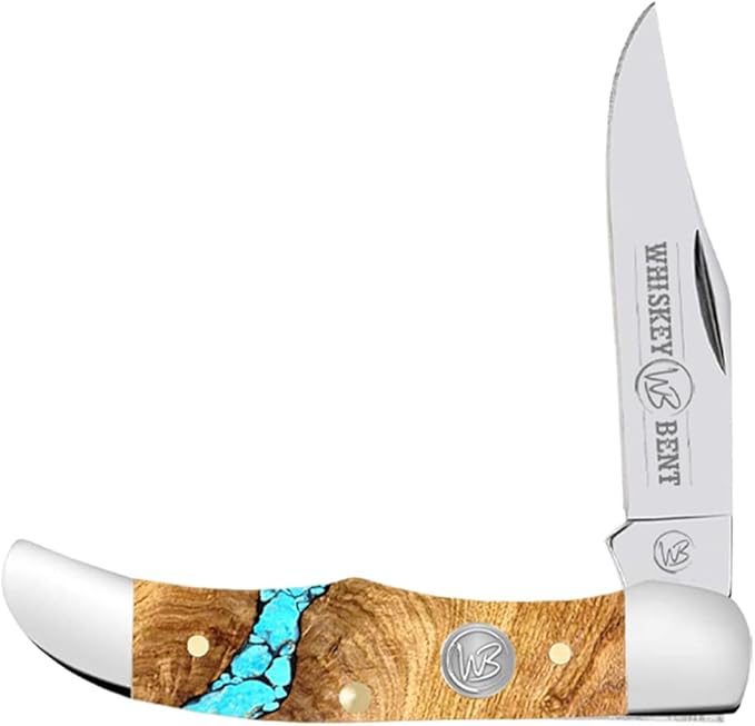 WHISKEY BENT HAT CO. Mini Hunter Folding Pocket Knife 2.75 Closed Length 440C Stainless Steel Blade (Turquoise River)