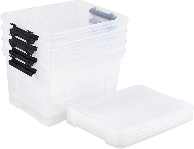 35 L 4-Pack Plastic Storage Bin with Wheels and Lids Clear Plastic Lidded Storage Container Box
