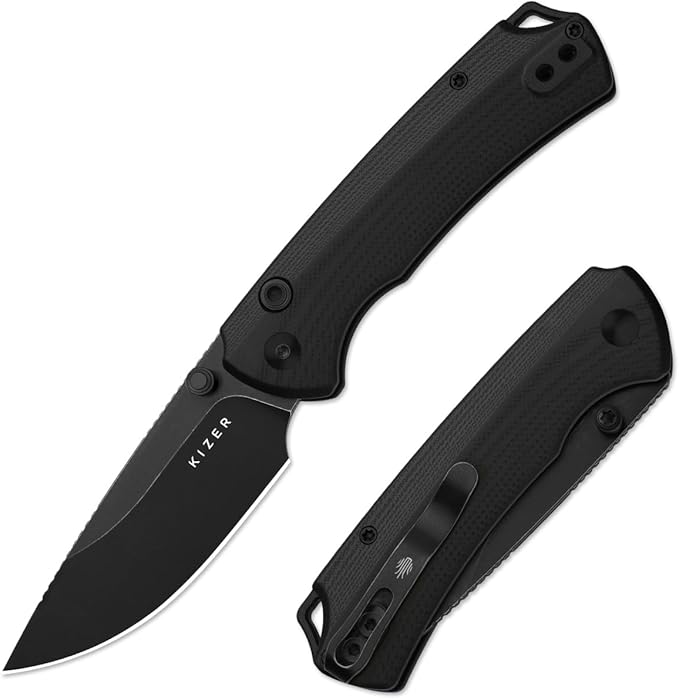 Kizer T1 BD EDC Pocket Knife 3.2 D2 Steel Drop Point Folding Knives with Black G10 Handle Thumb Stud Opener Button Liner Lock for Camping Hiking Fishing V3490.2BM1