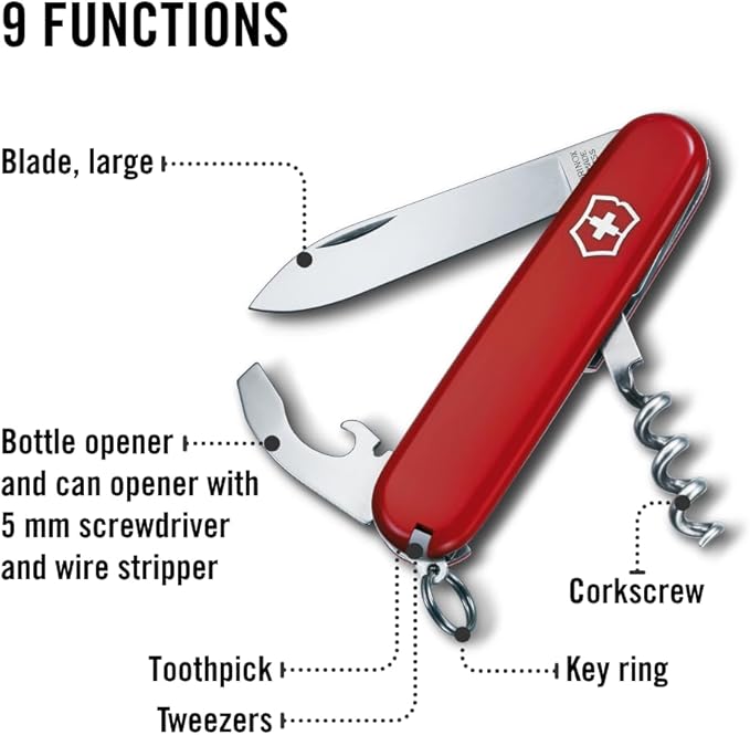Victorinox Waiter Swiss Army Knife 9 Function Swiss Made Pocket Knife with Large Blade Corkscrew and Bottle Opener - Red