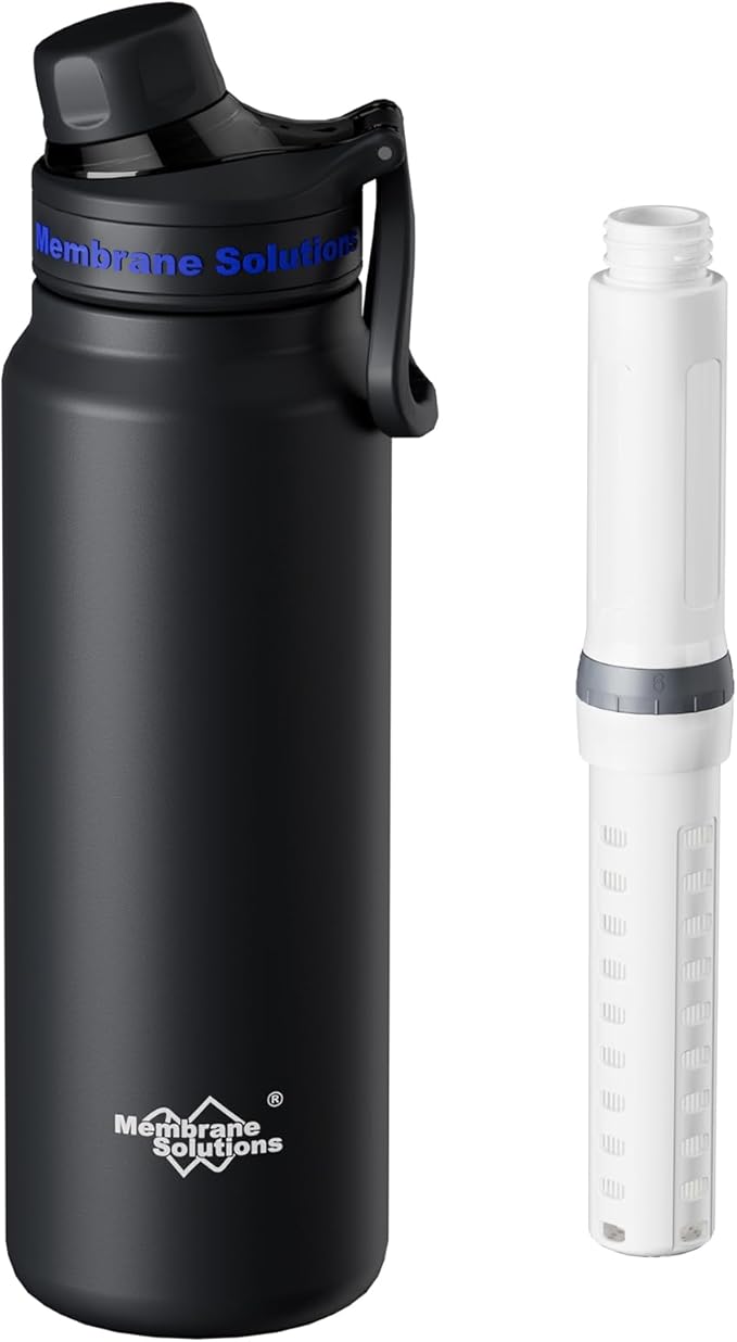 Membrane Solutions C3 Filtered Water Bottle 32oz Stainless Steel Water Bottle with Replaceable UF+ACF Filter Cartridge Portable Water Filter Travel Hiking &amp Camping for Drinking Water