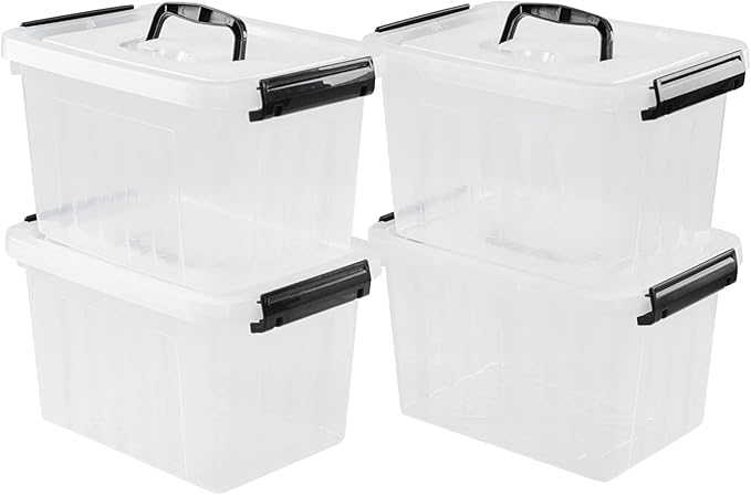 Ramddy 6 Quart Plastic Latching Storage Bin 4 Pack See Through Clear Container Box with Lid