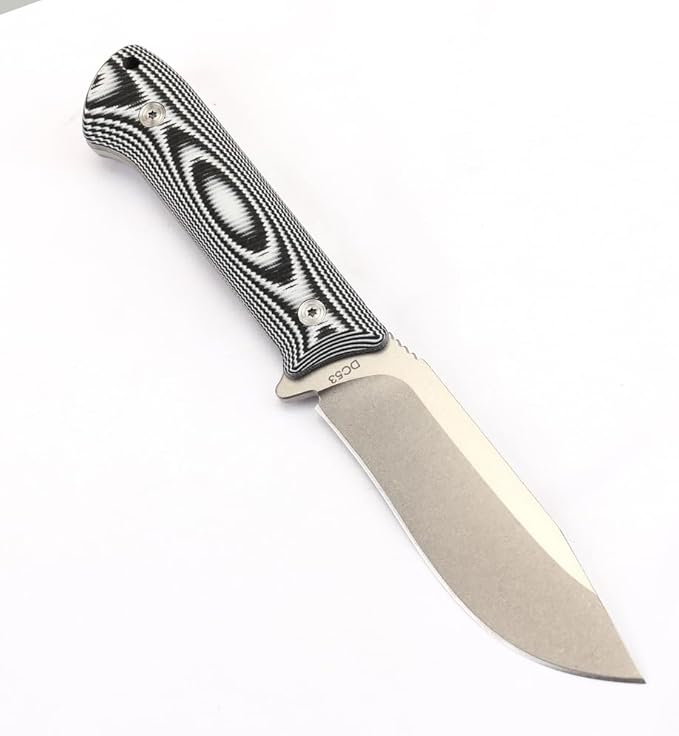 BUIPOS BD06 Fixed Blade Knife DC53 Stone Wash Steel Blade Two-color G10 Handle Full Edge Knife for Outdoor Camping Trekking Hunting Fishing (White Black) (Black handle and white blade)