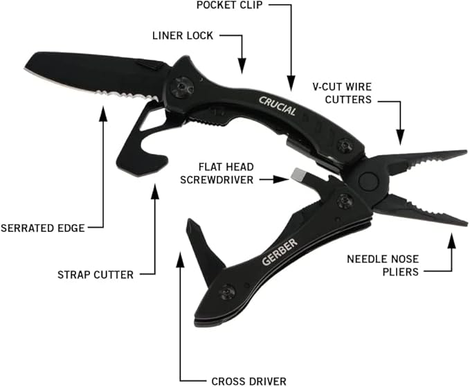 Gerber Gear Crucial EDC Multitool Pocket Knife with Clip and Strap Cutter for Camping and Survival Black