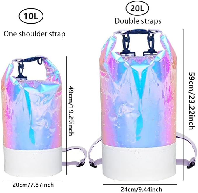 10L PVC Holographic Waterproof Dry Bag Double Shoulder Strap Beach Swimming Backpack Crossbody Waterproof Bucket Bag for Kayaking Boating and Outdoor Sports (10L)