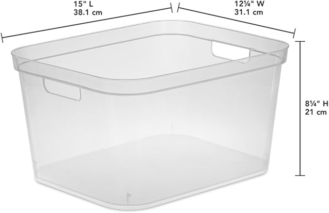 Sterilite 8.25x12.25x15 Inch Modern Polished Storage Bin w/Comfortable Carry Through Handles &amp Banded Rim for Household Organization Clear (6 Pack)