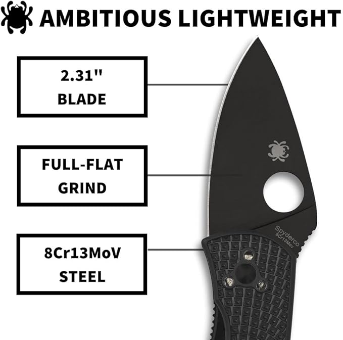 Spyderco Ambitious Lightweight Folding Pocket Knife with 2.31 Inch Stainless Steel Blade and FRN Handle - PlainEdge - C148PBBK
