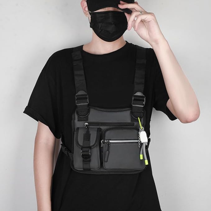 MiOYOOW Tactical Chest Bag Running Vest Backpack with Reflective Zipper Tape Waterproof Sports Chest Pack for Hiking Cycling Hunting Fishing Travelling