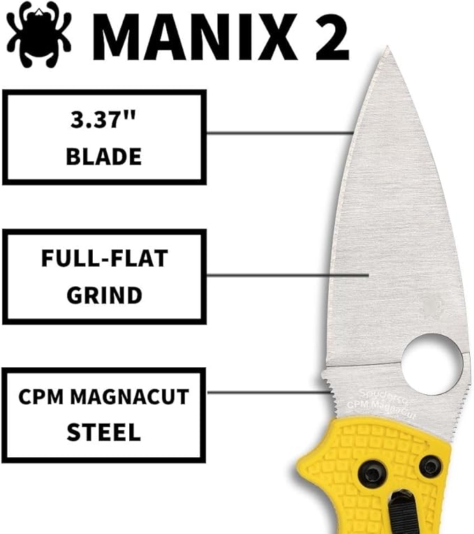 Spyderco Manix 2 Lightweight Salt Folding Pocket Knife with 3.3 CPM MagnaCut Steel Blade and FRCP Handle - EDC Knife for Men and Women Perfect for Hunting Tactical Camping - PlainEdge - C101PYL2