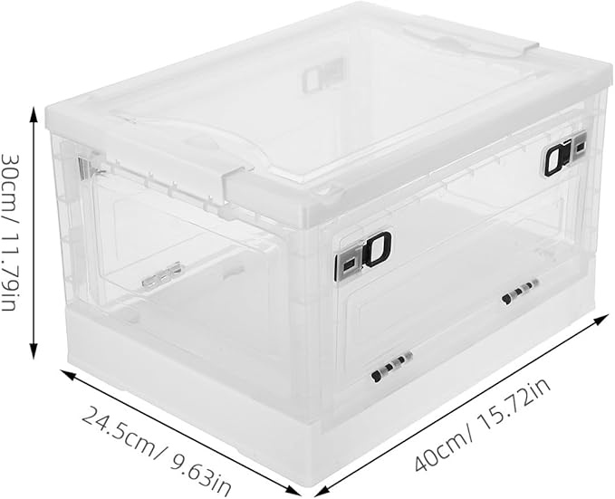 Lidded Home Storage Bins with Wheels: 29L Large Collapsible Containers with 3 Doors for Desk Storing Craft Stationery - Stationary Makeup Organizer (White)