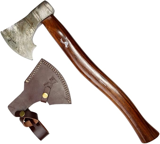 TheBoneEdge 19 Throwing Axe Damascus Blade Dark Wood Handle with Sheath