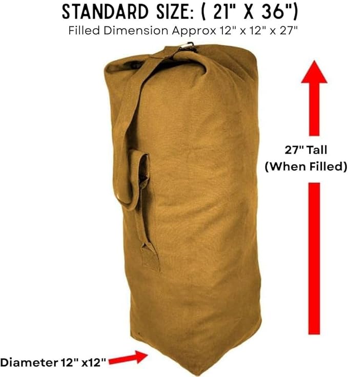 Top Load Heavyweight Cotton Canvas Tactical Military Duffle Bag Carryall Shoulder Storage Bulk Travel Bag Coyote Brown - 12 x 12 x 27