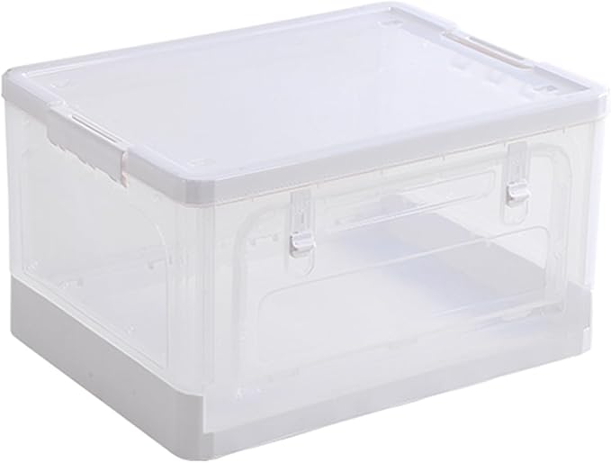 Storage BinsClear Plastic Folding Storage Box with Lid with Wheels Stackable Plastic Box For Home Dorm and Office Organization Fabric Toys Books Snacks Bottles (50 Quarts White)