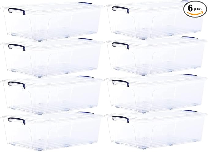 Superio Storage Bins with Lids- Clear Boxes for Organizing Stackable Plastic Containers- BPA Free Non-Toxic Odor Free Organizer for Home Office Dorm (8 Pack 42 Qt (Under Bed-Wheeled))
