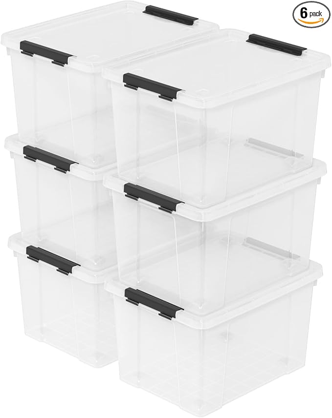 Sandmovie 6 Pack 22 Quart Clear Plastic Storage Bins with Wheels &amp Latching Lids - Stackable Organizer for Home Dorm Office &amp Pantry