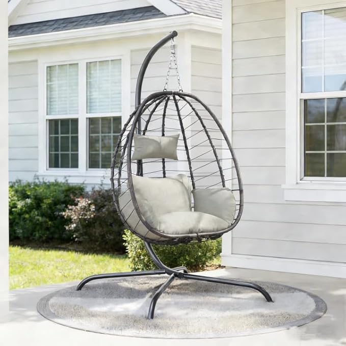 ALAULM Foldable Egg Chair with Stand 485LBS Capacity Wicker Rattan Hammock Swing Chair for Outdoor &amp Indoor Hanging Chair with Strong Frame &amp UV Resistant Cushion for Balcony Bedroom Cream
