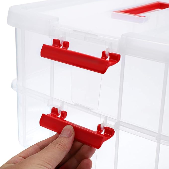 JUXYES 2-Tiers Stack Carry Storage Box With Handle Transparent Stackable Storage Bin With Handle Lid Latching Storage Container for School &amp Office Supplies (Red)