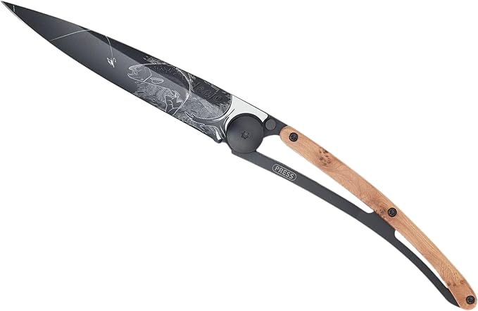 deejo - 37G Folding Pocket Knife with Belt Clip - Trout Design 3.7-Inch Stainless Steel Blade Black Titanium Finish Juniper Wood Handle - Lightweight Everyday Carry for Home Work and Outdoor Use
