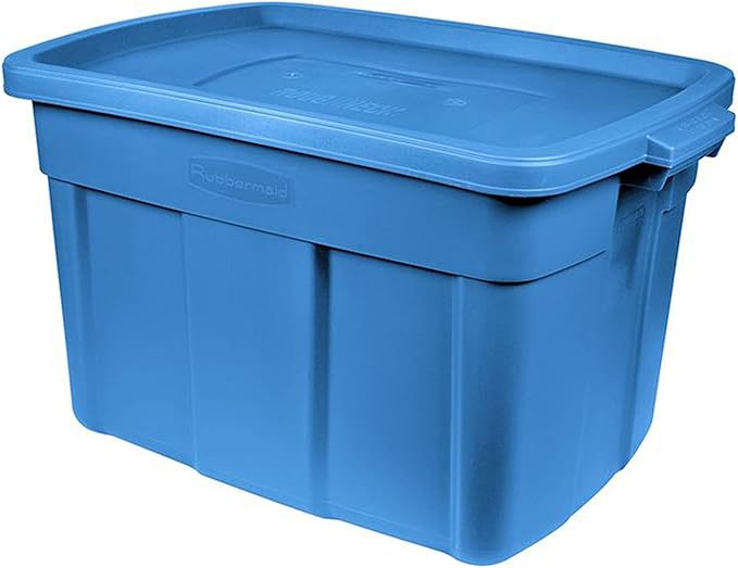 Rubbermaid Roughneck Tote 18 Gal 6 Pack Made in USA Heritage Blue Rugged Plastic Stackable Storage Bins with Lids and Handles