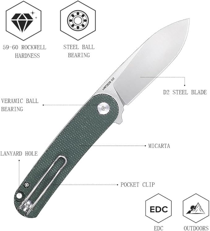 Small EDC Folding Pocket Knife for Man - 2.59 D2 Steel Satin BladeMini Micarta Handle with ClipClassic Design for Outdoor Camping Hiking &amp Everyday Carry.Han309-GMS