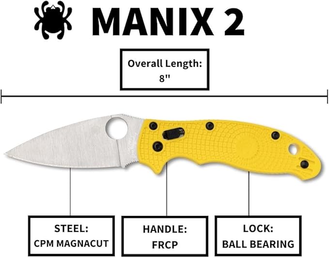 Spyderco Manix 2 Lightweight Salt Folding Pocket Knife with 3.3 CPM MagnaCut Steel Blade and FRCP Handle - EDC Knife for Men and Women Perfect for Hunting Tactical Camping - PlainEdge - C101PYL2