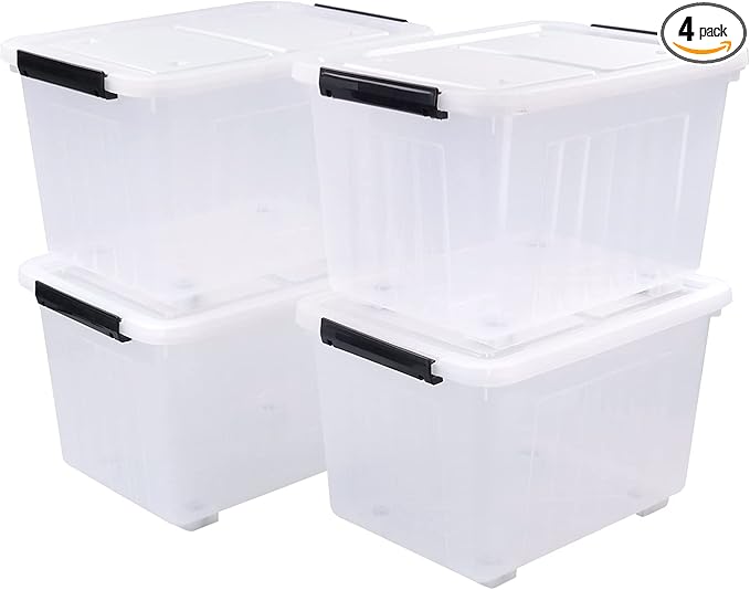 4 Packs 30 L Stackable Plastic Storage Bins with Lids and Wheels Latching Clear Storage Container Box