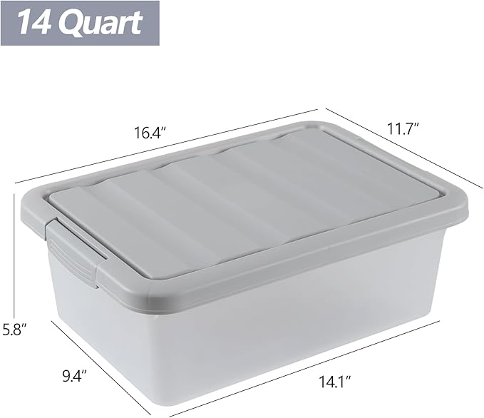 Wekioger Plastic Home Storage Bin with Grey Lid 14 Quart Frosted Clear Latching Bin 2 Packs