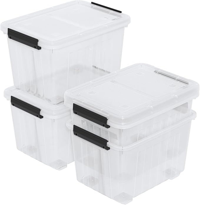 Zopnny 30 Quart Plastic Stacker Box Large Storage Bin Container with Latching Lids and Wheels for Home and Garage Organizing Shoes Tools Clear Base 4-Pack