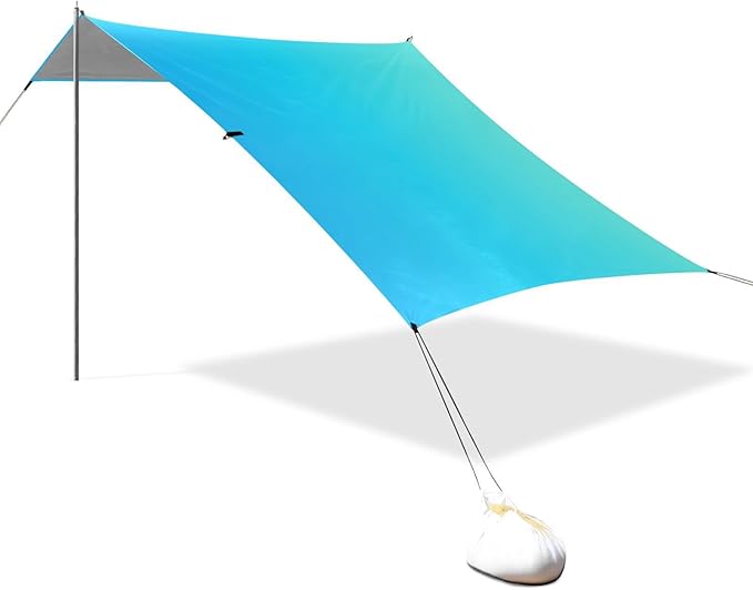 Light Blue Gradient Beach Tent &amp Canopy UPF50+ Waterproof Portable Sun Shelter with Sand Shovel for Family Trips Picnics &amp Camping
