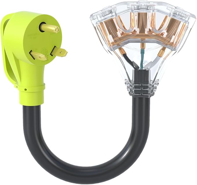30 amp to 110 adapterNEMA TT-30P Male to 3X 5-20R T-Blade Household ConnectorsGenerator 30 amp to 20 amp adapter10 AWG STW (1FT)